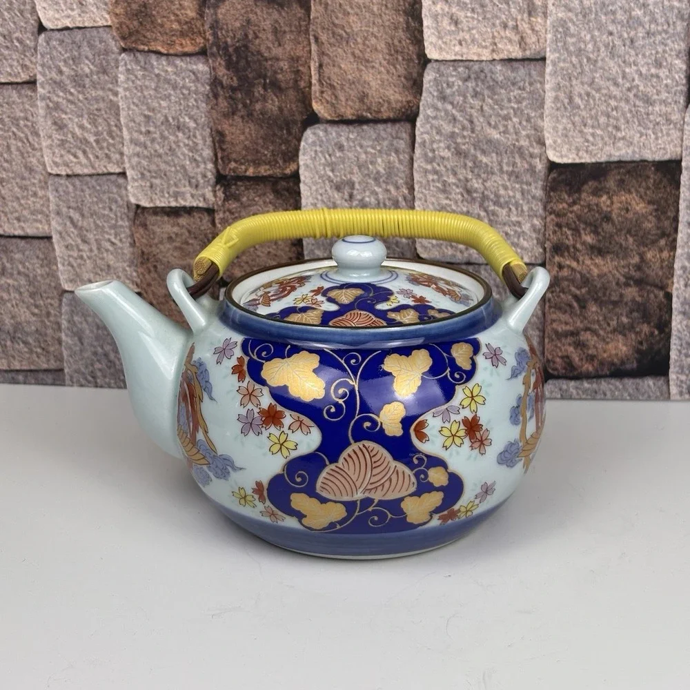 Arita Ware‎ Porcelain Teapot & Cup Flower Flow Blue & Gold Japan Very Good Cond